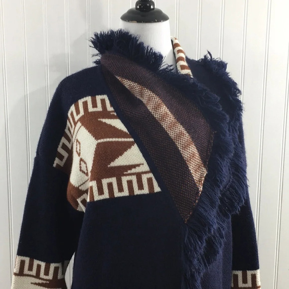 Cocogio Blue Brown Knit Aztec Cardigan Sweater Womens Small‎ Fringe Open Front - Picture 6 of 12